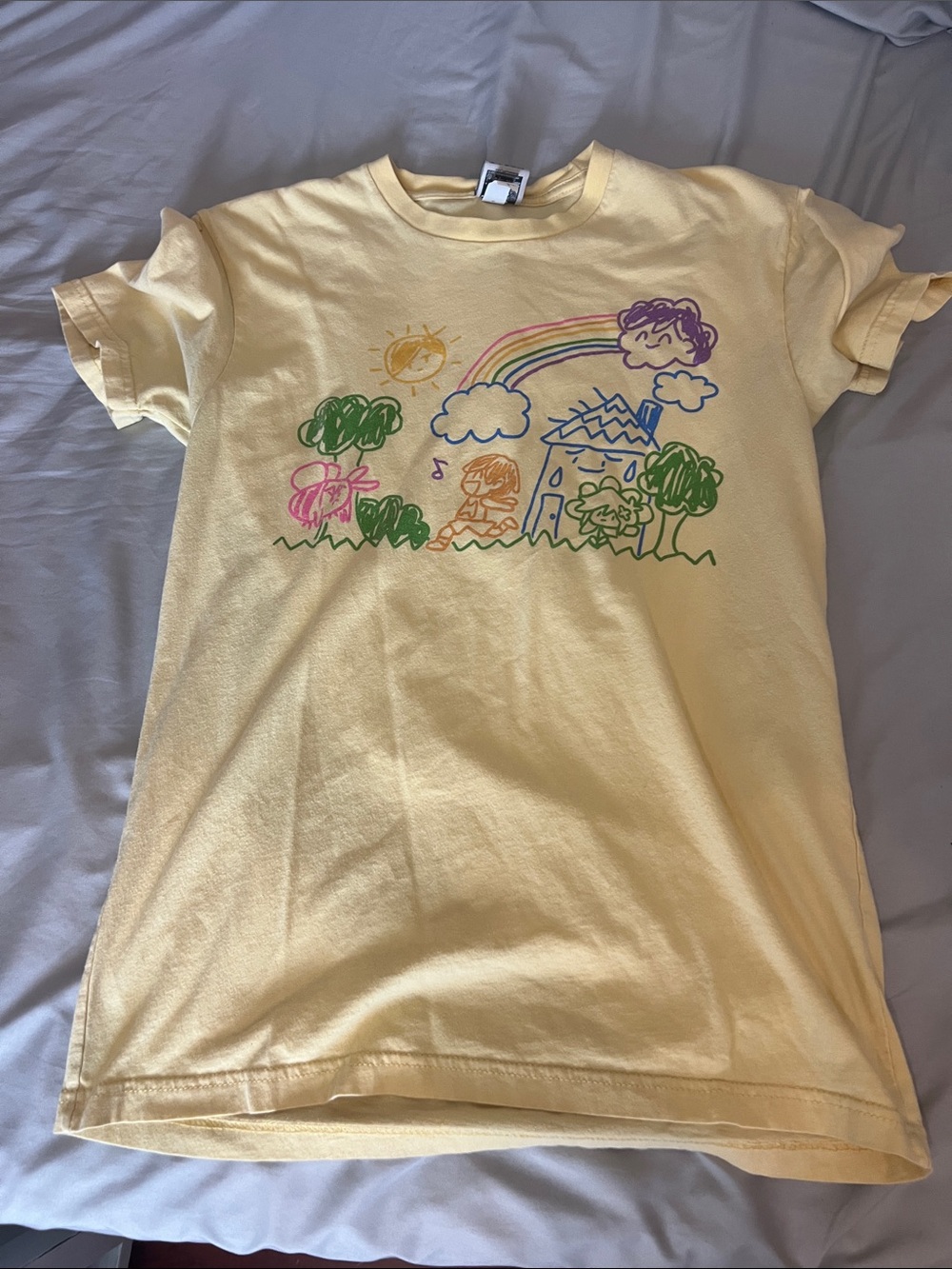 Men’s Omori Yellow Graphic T-Shirt with Rainbow House Illustration